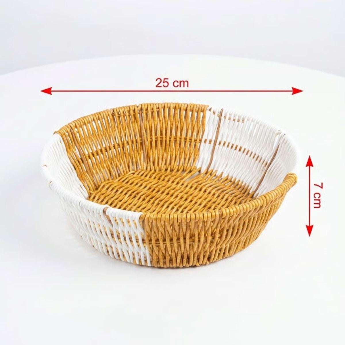 Yuvarlak Çift Renkli Plastik Rattan Ekmek ve Meyve Sepeti - Çok Amaçlı Banyo ve Mutfak Düzenleyici - Yıkanabilir Tezgâh Üstü Organizer (5347)