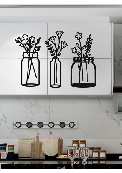 Çiçekli Kavanozlar - Ahşap Mutfak Duvar Dekoru (3 lü Set)