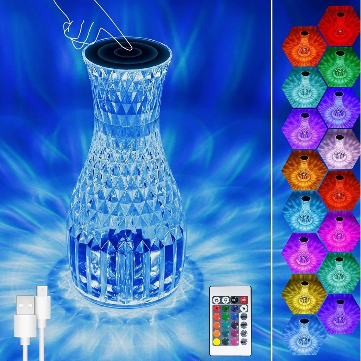 Starixa® Sürahi Model USB Şarjlı Kumandalı 16 Farklı Işık Modlu Masa Üstü Kristal Akrilik Lamba Led