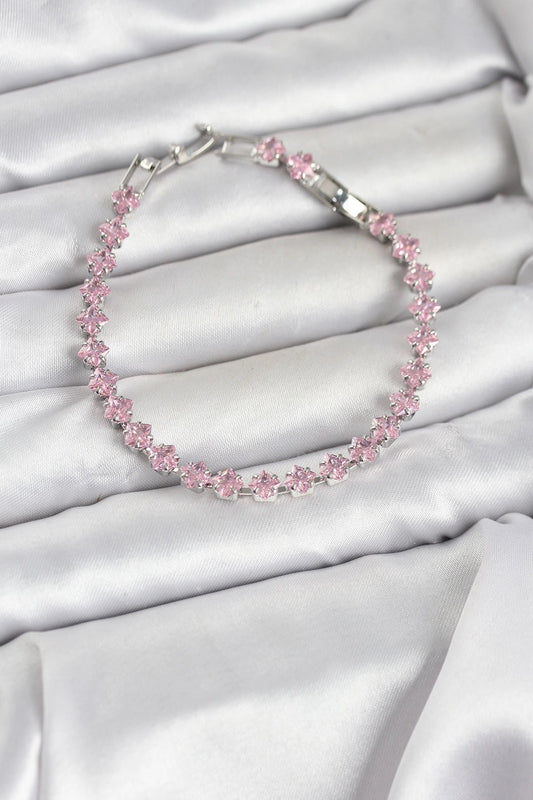 Mey İthalat® Pembe Kare Zirkon Taşlı Gümüş Renk Pirinç Su Yolu Kadın Bileklik