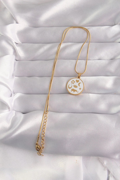 Mey İthalat® 316L Çelik Gold Renk Beyaz Mineli Karışık Figürlü Tarot Kolye