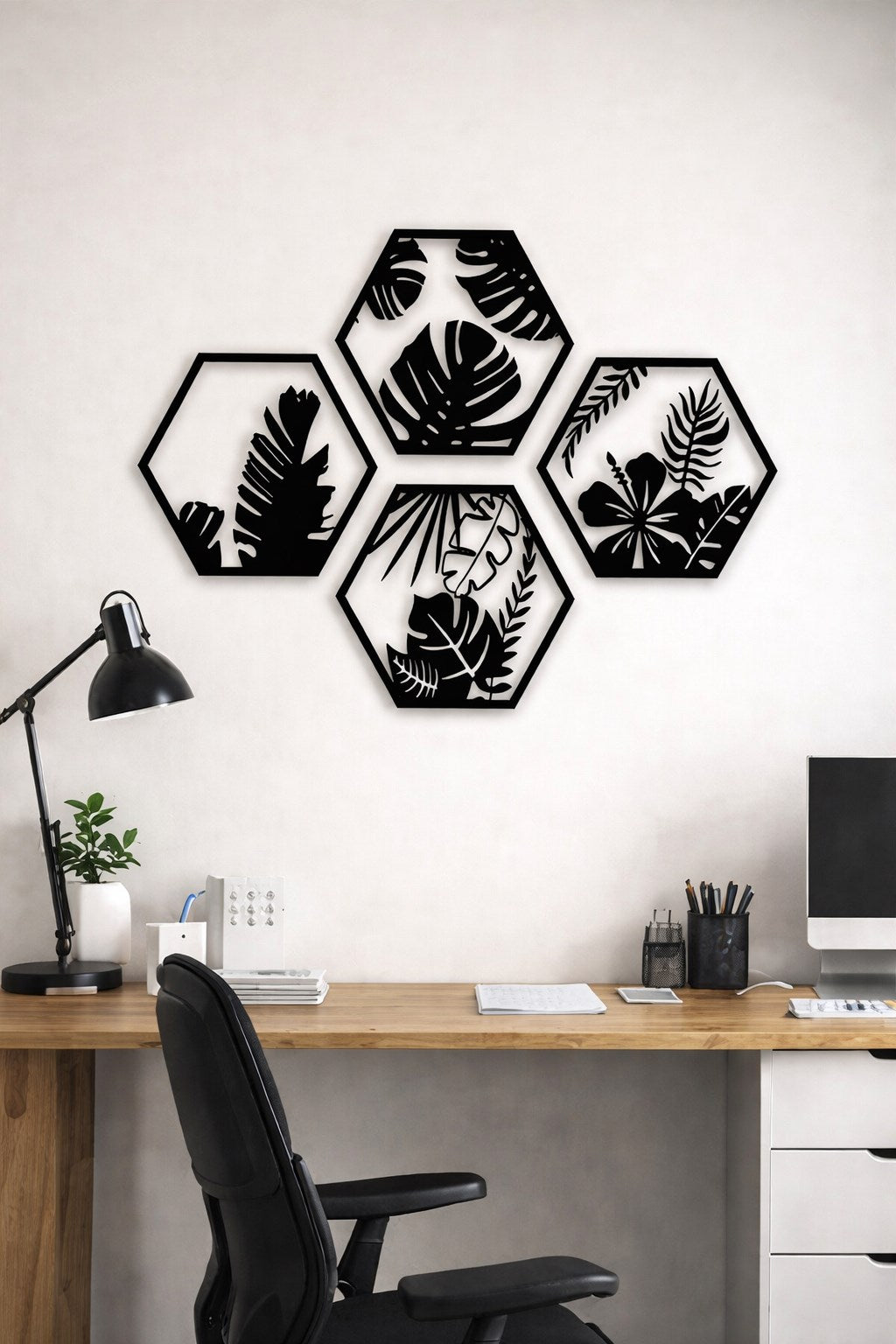 HexaLeaf - Tropikal Yaprak Desenli Altıgen Ahşap Duvar Dekoru