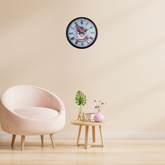 Siyah Floral Tea Cup Duvar Saati