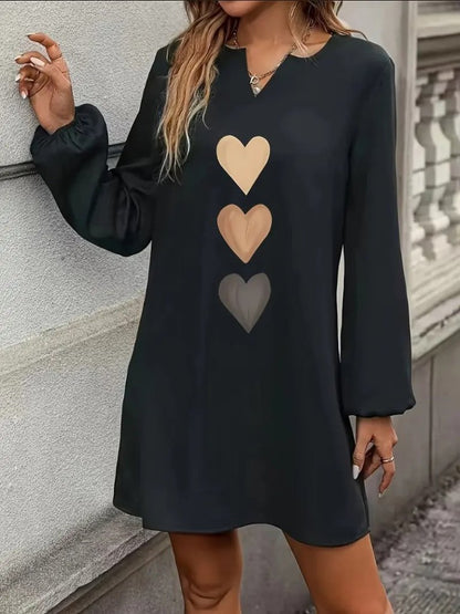 Kadın Uzun Kollu V Yakalı Kalp Desenli Mini Ithal Krep Elbise