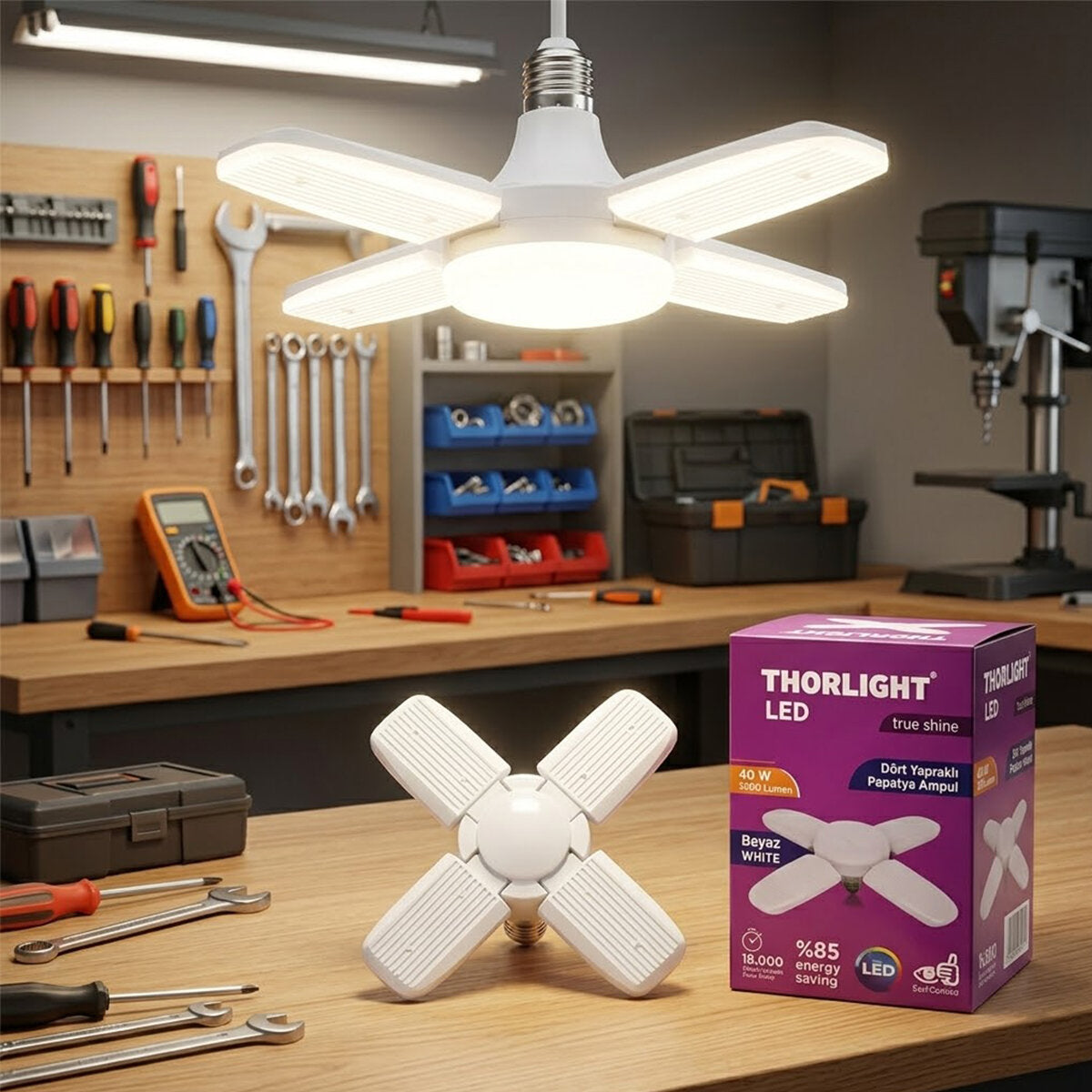 1+4 KOLLU - YAPRAKLI PERVANE MODELİ PAPATYA BEYAZ LED LAMBA AMPUL 40W - E27 P-6040B (5347)