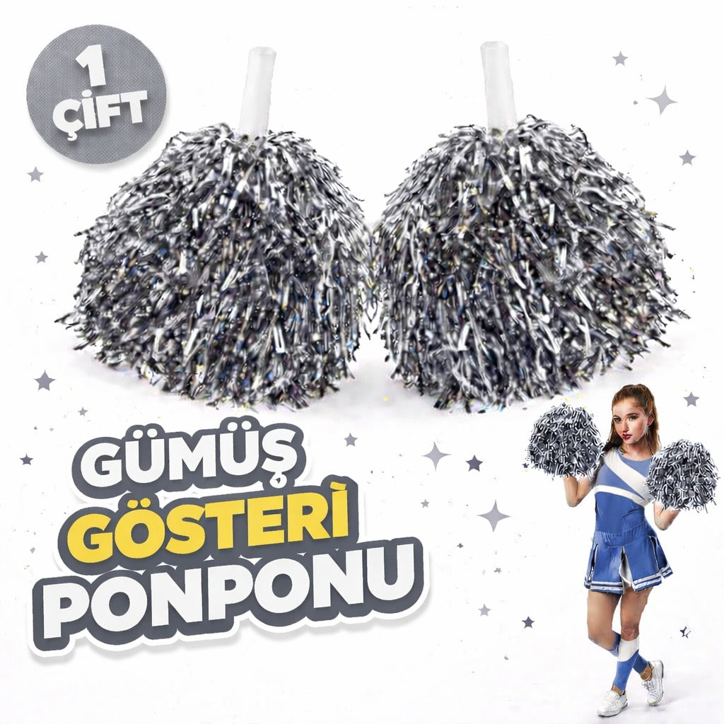 1 Çift ( 2 Adet ) Gümüş Renk 23 Nisan 19 Mayıs 29 Ekim Okul Gösteri Ponponları Ekstra Dolgun (5347)