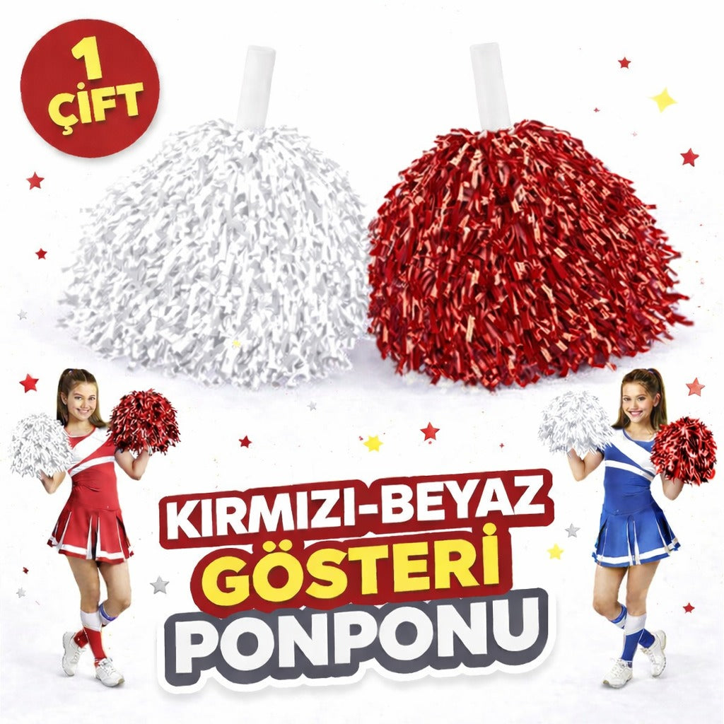 1 Çift ( 2 Adet ) Kırmızı-Beyaz Renk 23 Nisan 19 Mayıs 29 Ekim Okul Gösteri Ponponları Ekstra Dolgun (5347)