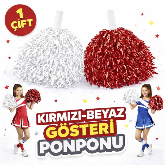 1 Çift ( 2 Adet ) Kırmızı-Beyaz Renk 23 Nisan 19 Mayıs 29 Ekim Okul Gösteri Ponponları Ekstra Dolgun (5347)