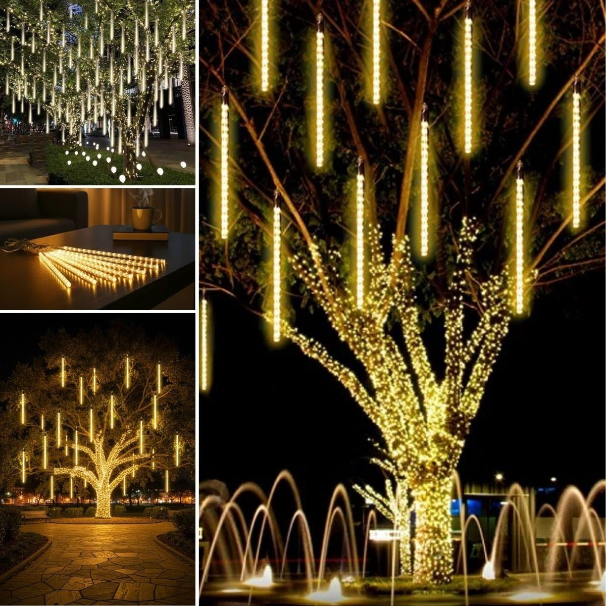 إضاءة شجرة 10 × 45 سم بلاستيكية نيزكية LED USB بكابل 2 متر لون أصفر - إضاءة ديكورية معلقة متغيرة الألوان للحديقة والأماكن الخارجية (5347)