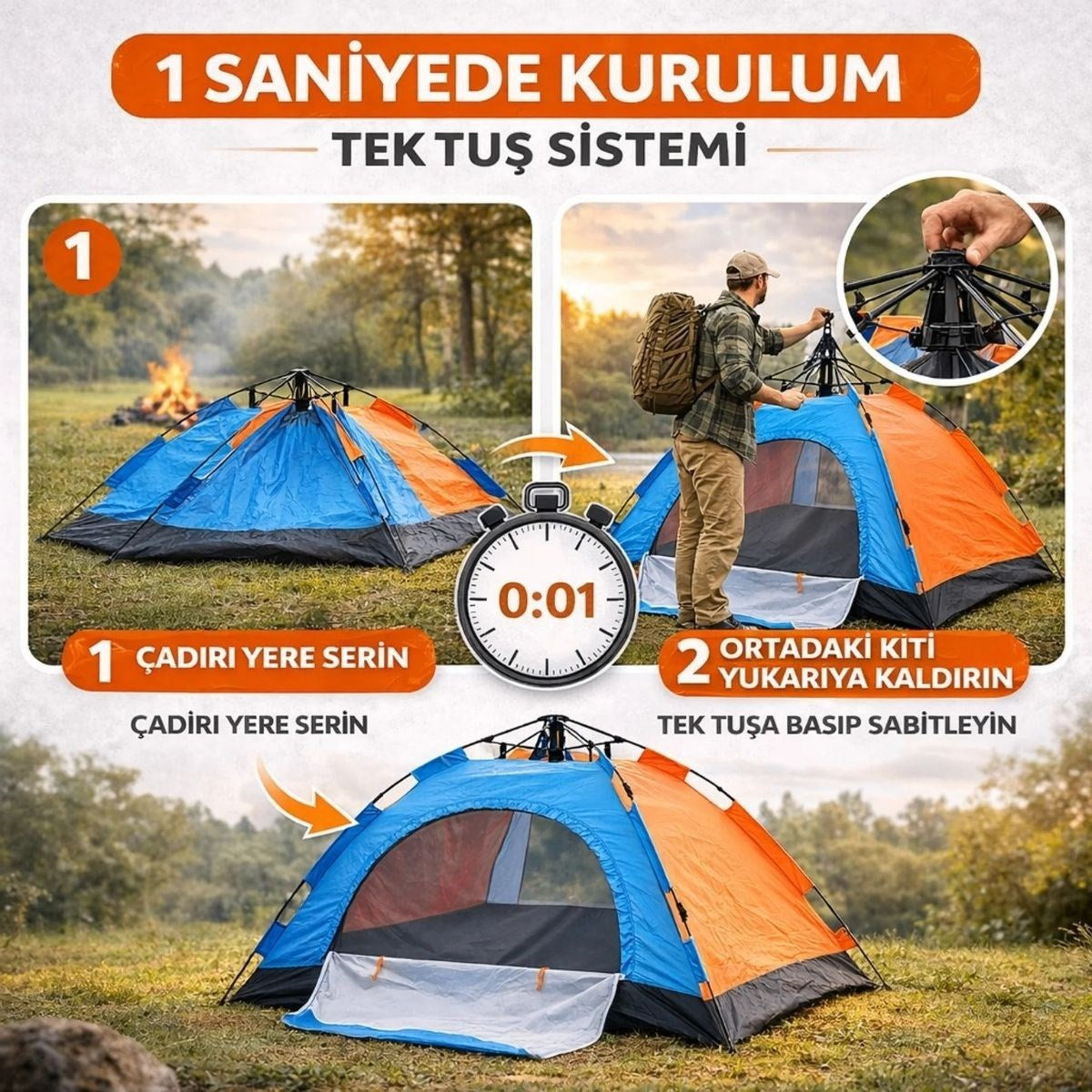 10 Kişilik Otomatik Kurulum Kamp Çadırı - Outdoor , Suya Dayanıklı Hızlı Kurulum Piknik ve Doğa İçin Geniş Aile Çadırı 300x300x170 cm (5347)