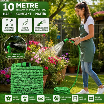 10 MT TELESKOPİK UZAYAN BAHÇE HORTUMU 7 FONKSİYON AYARLI TETİKLİ TABANCA (5347)