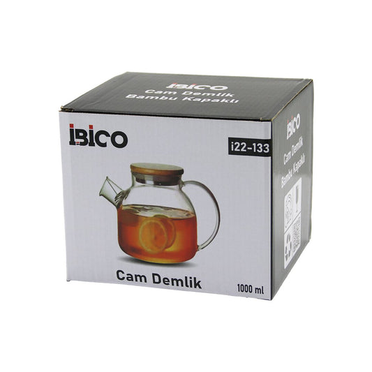 1000ML SADE DÜZ CAM DEMLİK  BAMBU DIŞ YÜZEY - METAL İÇ YÜZEY - SİLİKON CONTALI KAPAK (5347)