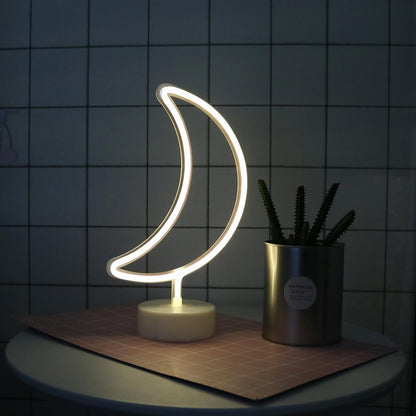 مصباح طاولة وليل LED نيون ثلاثي الأبعاد بتصميم قمر يعمل بالبطارية (5347)