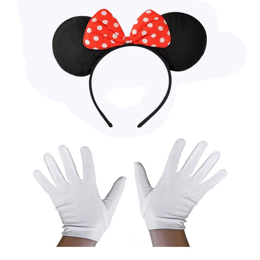 Kırmızı Fiyonklu Minnie Mouse Tacı ve Beyaz Eldiven Seti (5347)