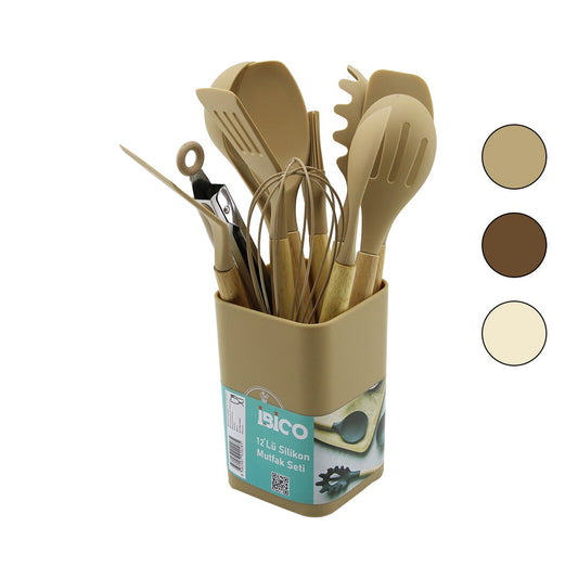 11PCS+KOVA SİLİKON MUTFAK SETİ BAMBU SAP 3-KAŞIK- 3-SPATULA- 1-KEVGİR- 1-KEPÇE- 1-MAŞA- 1-ÇRPC- 1-FRÇ (5347)