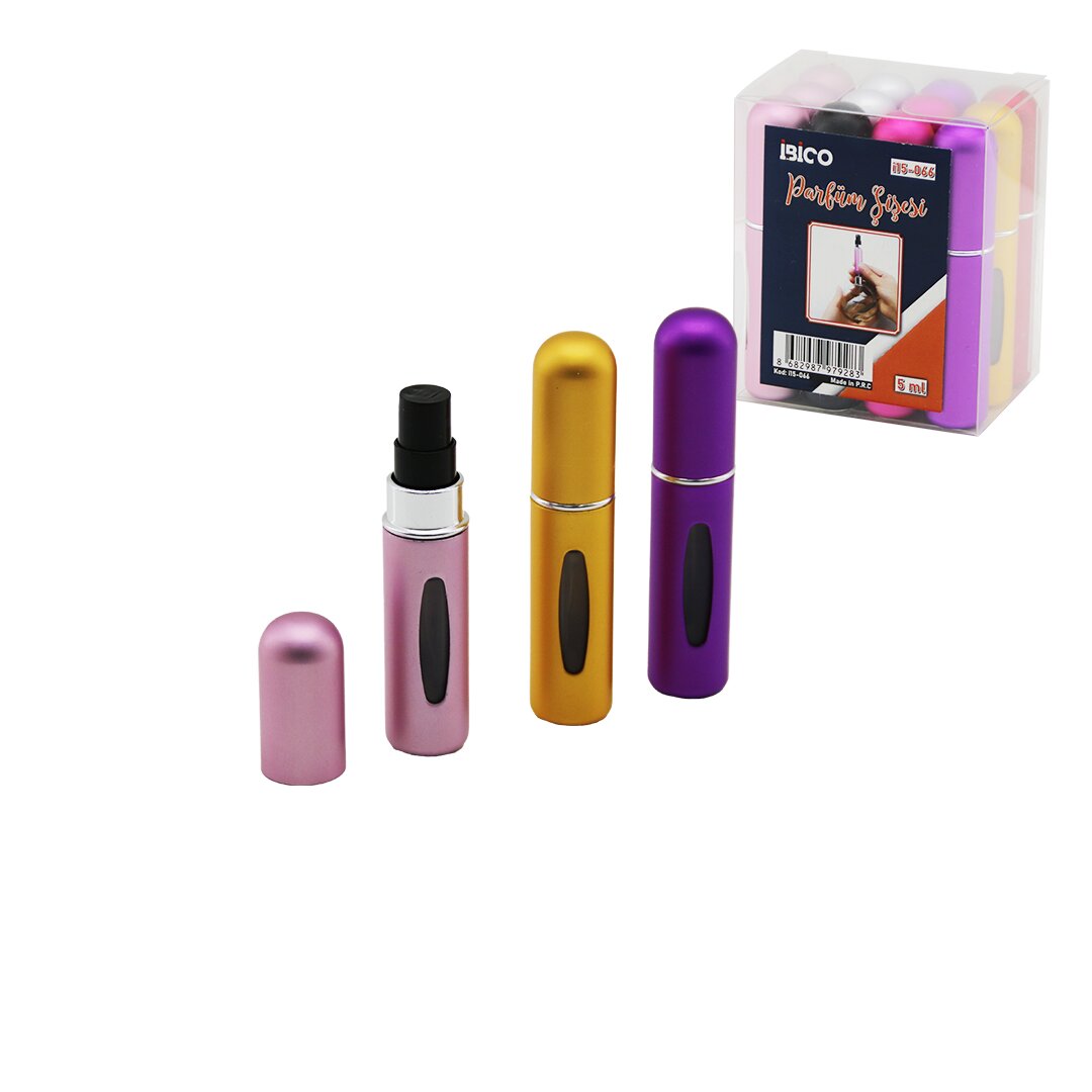 12 ADET MİNİ=CEP - ÇANTA BOY BOŞ SPREY PARFÜM ŞİŞESİ 5ML RENKLİ PLS. SEVİYE PENCERELİ (5347)