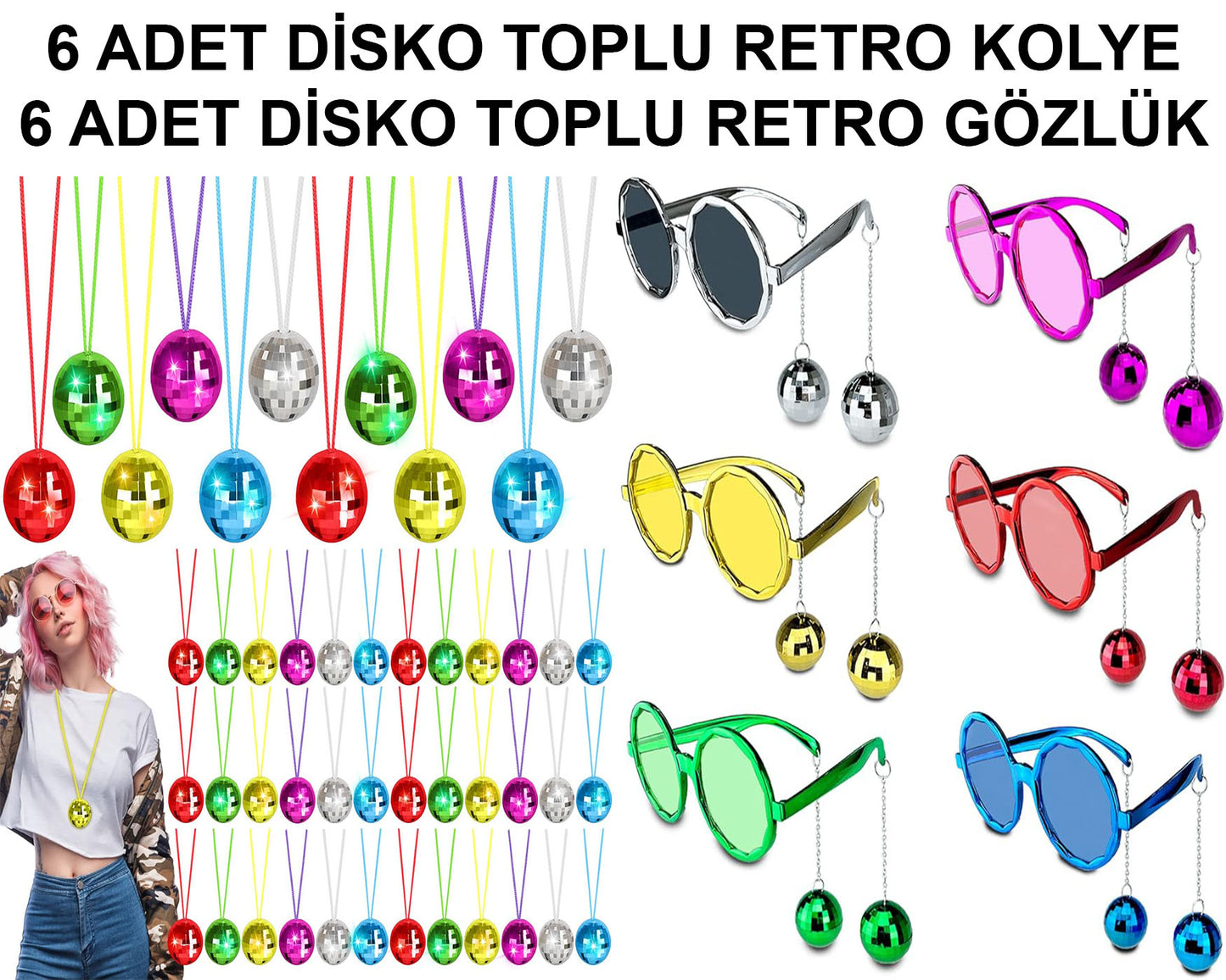 12 Parça Renkli Disko Toplu Retro Parti Seti - 6 Kolye + 6 Gözlük (5347)