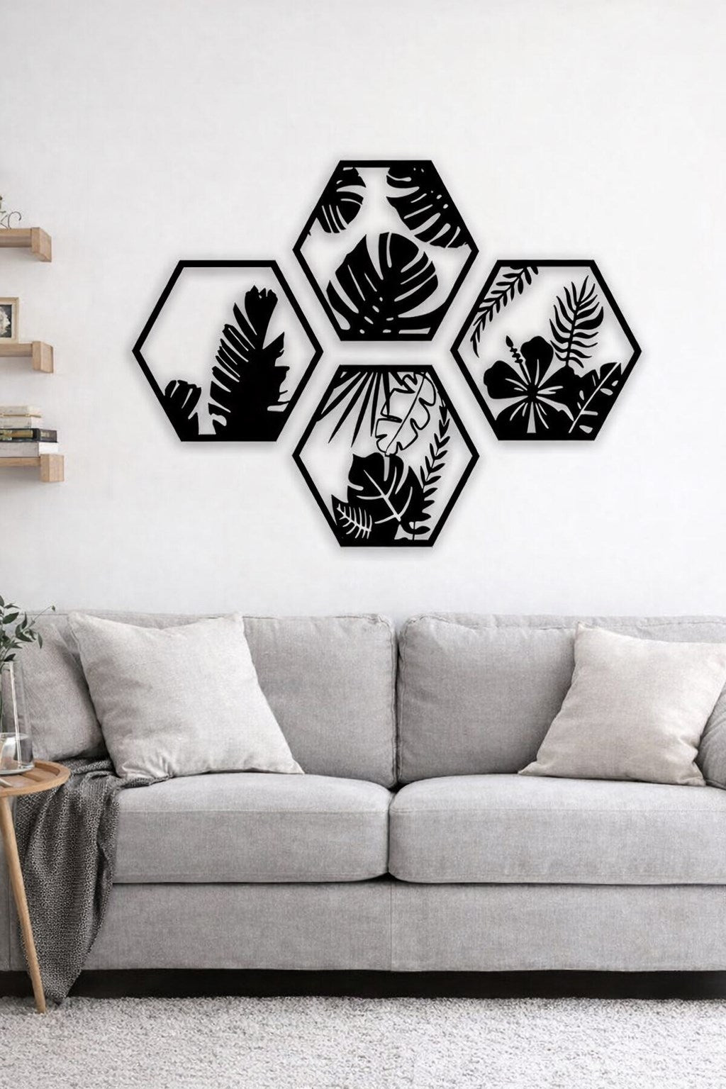 HexaLeaf - Tropikal Yaprak Desenli Altıgen Ahşap Duvar Dekoru