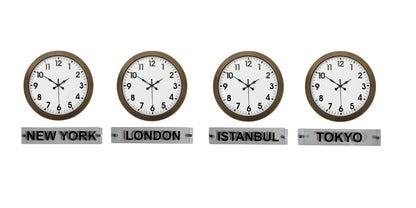 Antique World 36 cm Eskitme Metal 4 lü Dünya Saat Seti Tabelalı
