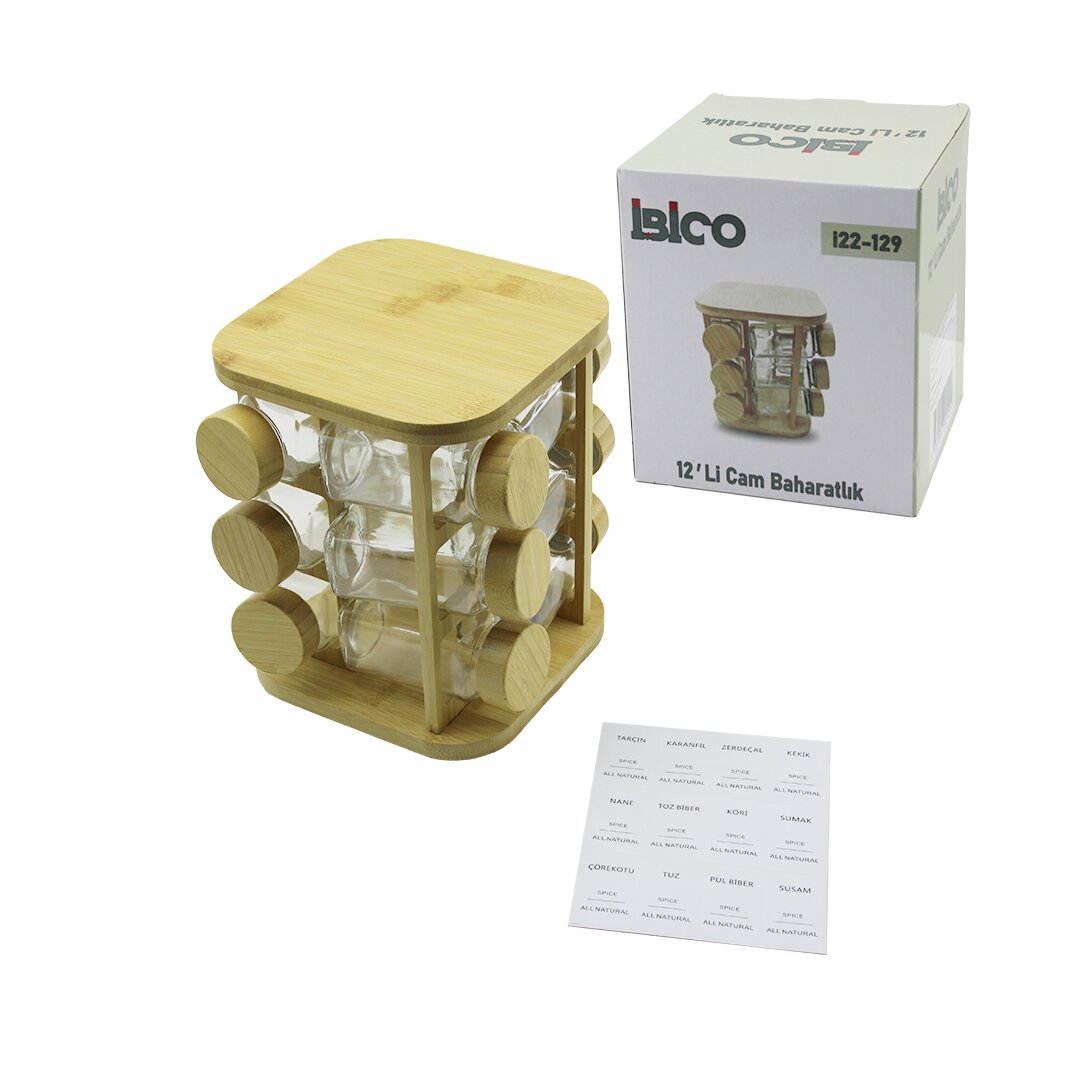 12 PCS SQUARE ROTATING GLASS - BAMBOO LID SALT SHAKER - SPICE JAR BAMBOO STAND (5347)