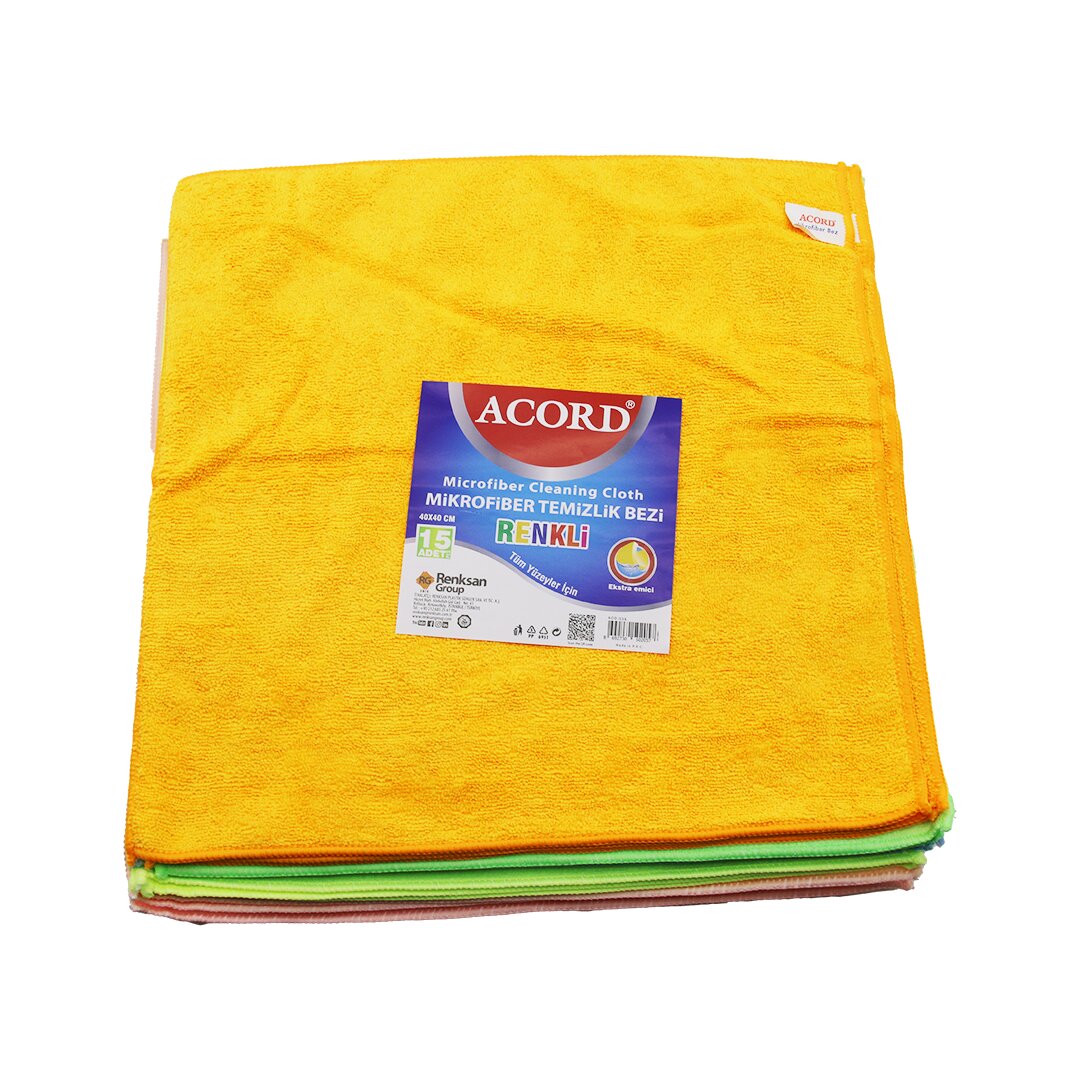 15 PIECES ACCORD CODE-536 BULK 40X40CM COLORED MICROFIBER CLEANING CLOTH EXTRA ABSORBENT FOR ALL SURFACES (5347)