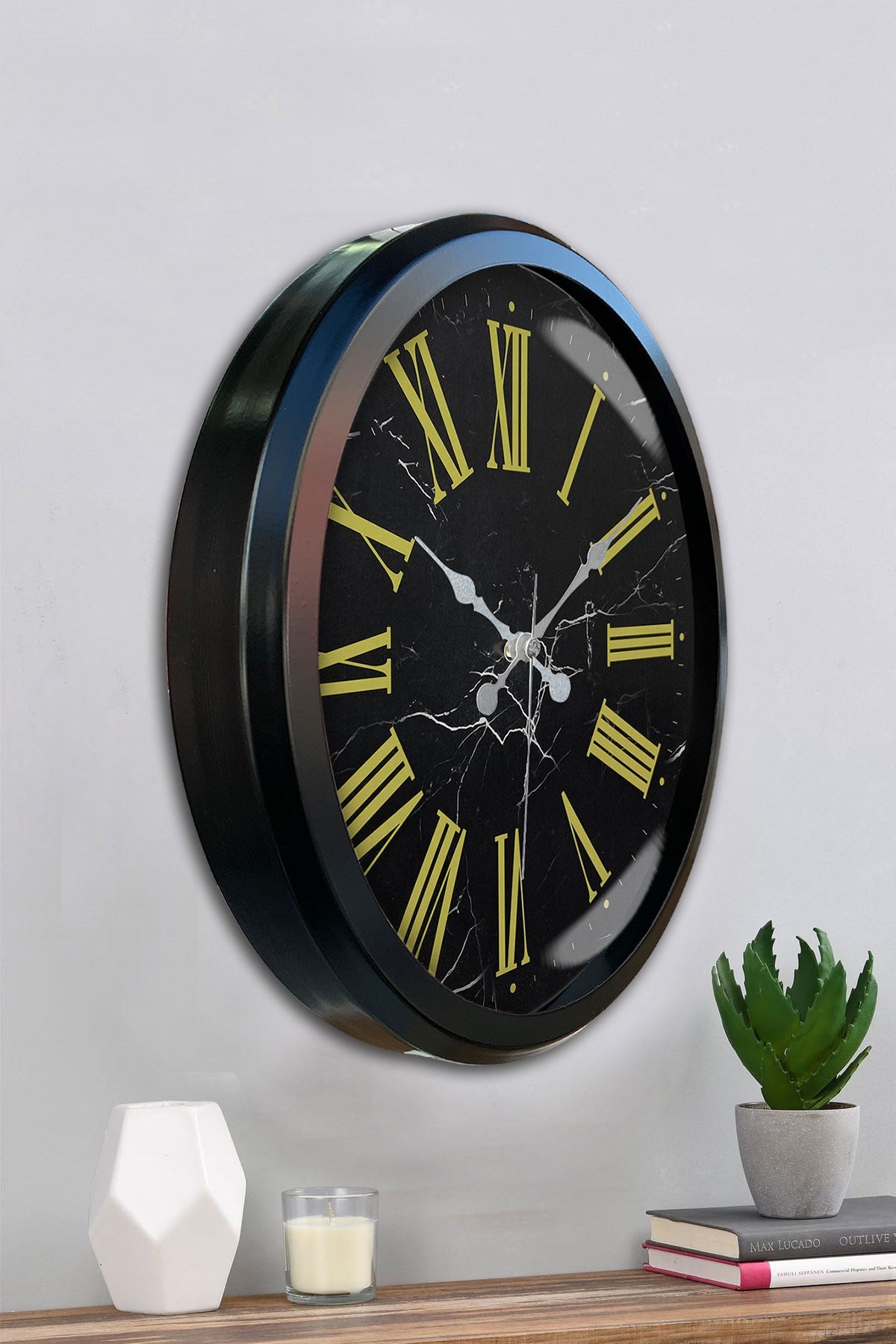 Siyah Mermer Desenli 52 Cm Metal Duvar Saati