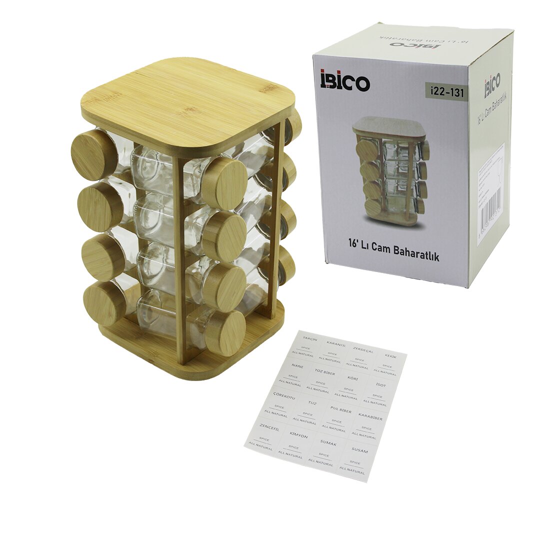 16PCS SQUARE GLASS SPICE JARS WITH BAMBOO LIDS AND ROTATING BAMBOO STAND (5347)