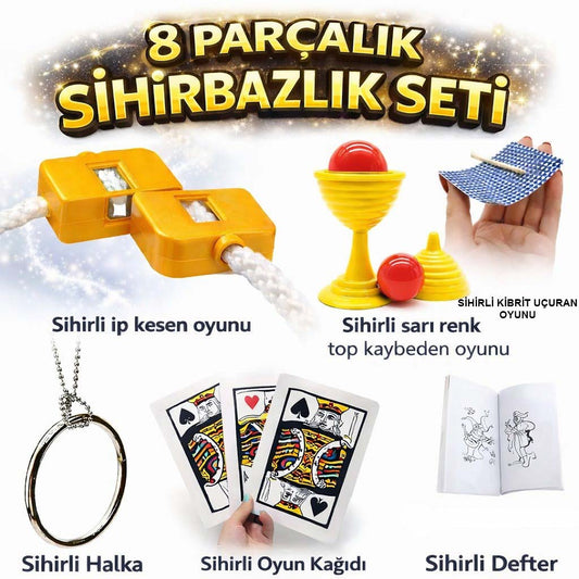 8 li Sihirbazlık Seti (Kibrit, Defter, Halka, Kupa, İp, 3 lü Kart)