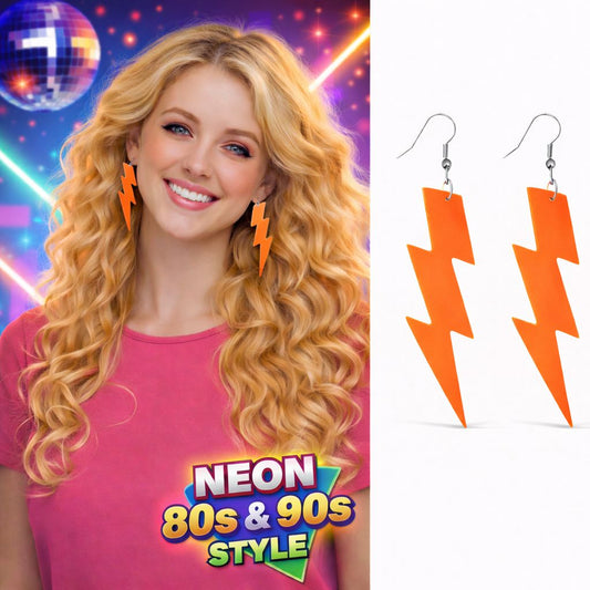 80 ler 90'lar Retro Neon Turuncu Şimşek Küpe 10 cm