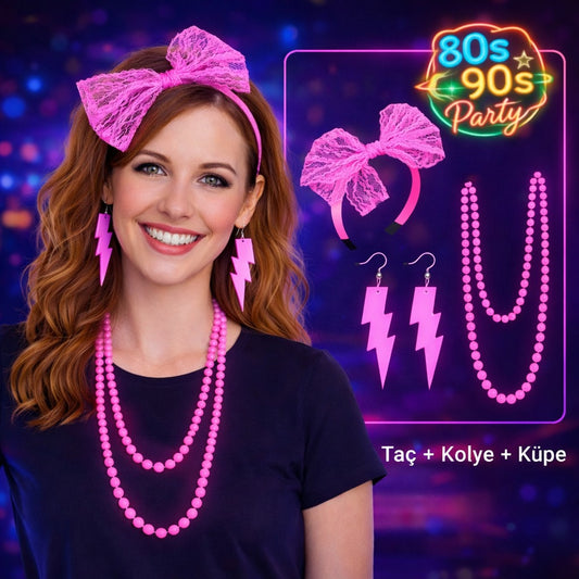80 ler 90 lar Neon Pembe Parti Seti - Kolye Küpe Taç