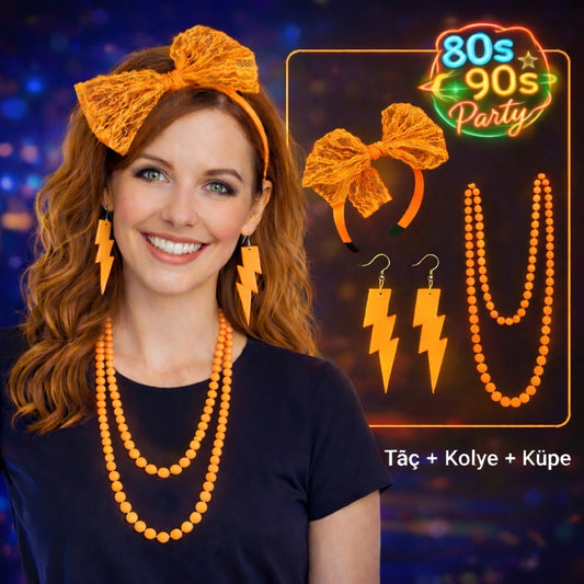 80 ler 90 lar Neon Turuncu Parti Seti - Kolye Küpe Taç