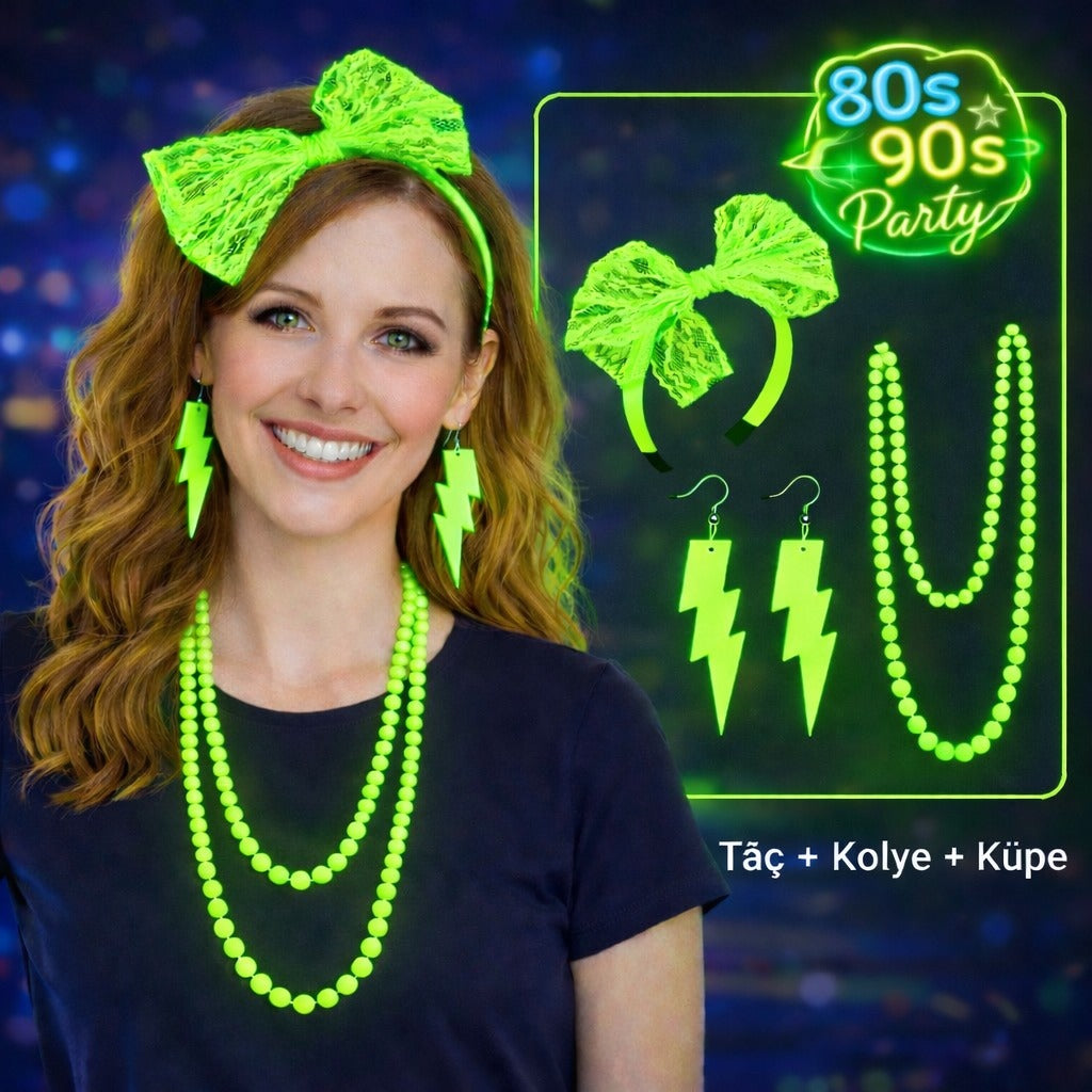 80 ler 90 lar Neon Yeşil Parti Seti - Kolye Küpe Taç