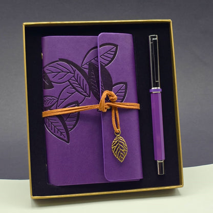 Purple Leather Notebook with Leaf Pattern and Metal Roller Pen Set