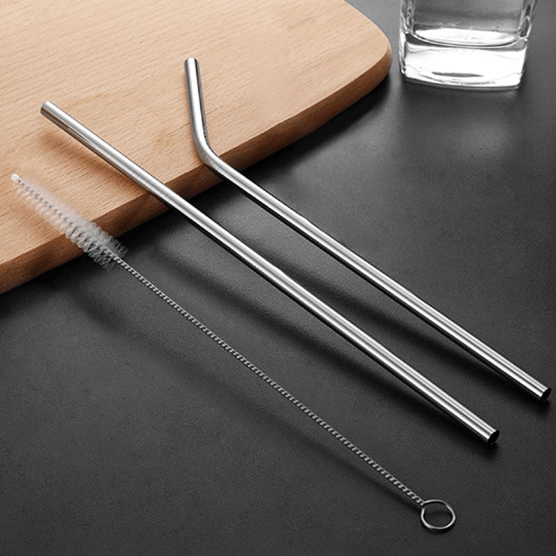 31 cm Ekstra Uzun Paslanmaz Çelik Pipet Seti - 3 Parça (Eğri + Düz + Fırça)