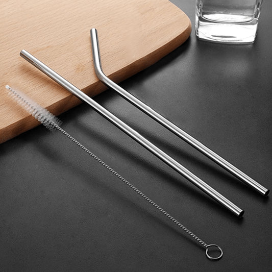 31 cm Ekstra Uzun Paslanmaz Çelik Pipet Seti - 3 Parça (Eğri + Düz + Fırça)