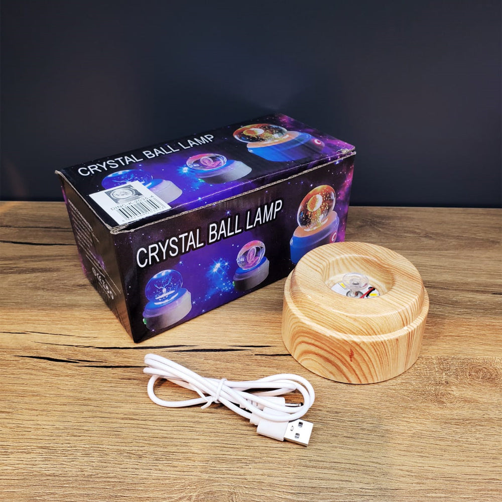 Dönen Işıklı Cam Küre - Kalp Tasarımlı -  Ahşap Görünümlü Stand - USB Bağlantılı Gece Lambası
