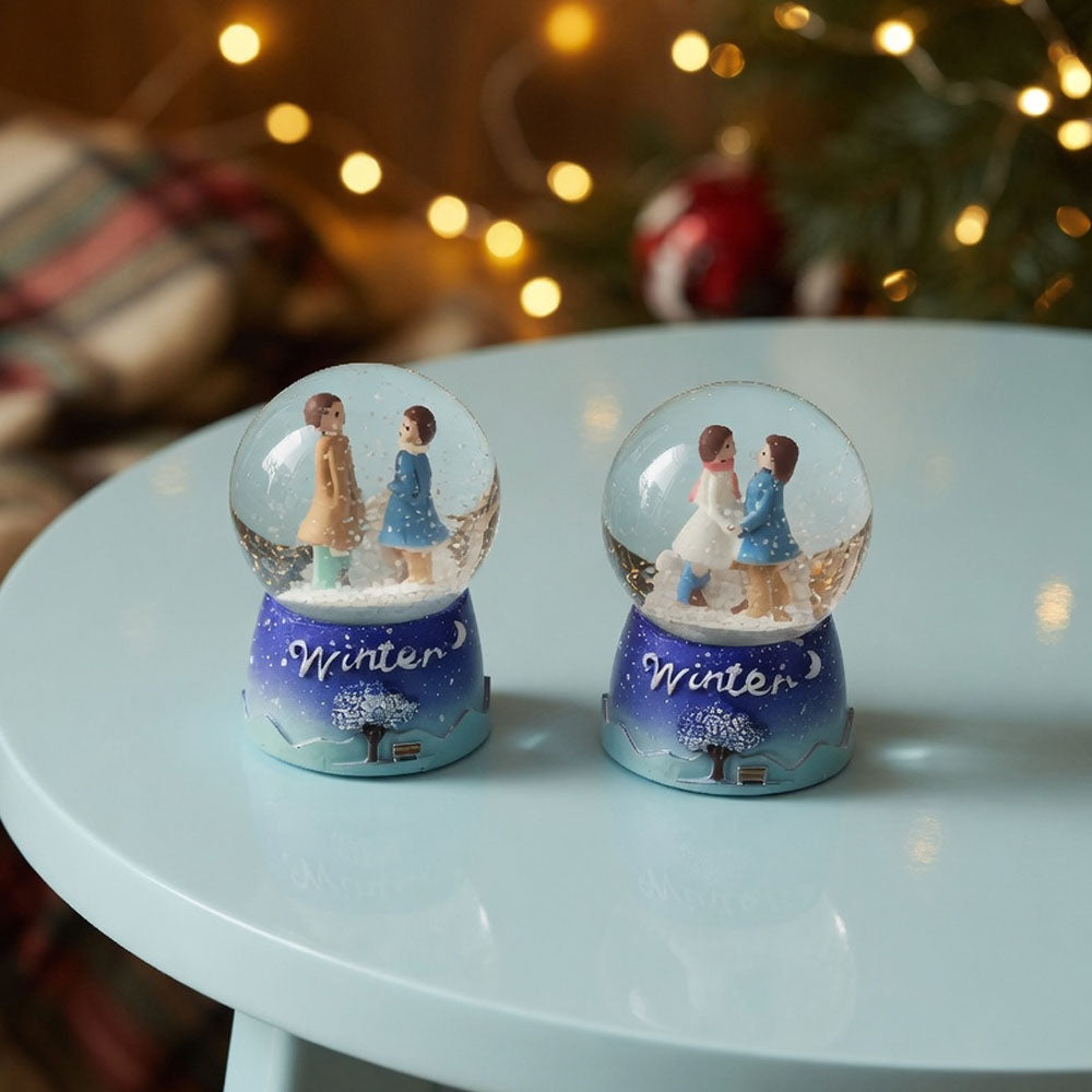 Mini Işıklı Kar Küresi - Sevimli Çift Tasarımlı - Winter Temalı
