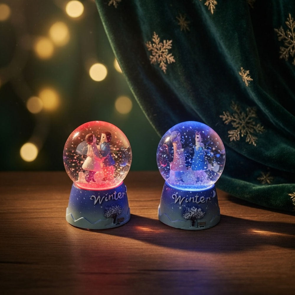 Mini Işıklı Kar Küresi - Sevimli Çift Tasarımlı - Winter Temalı