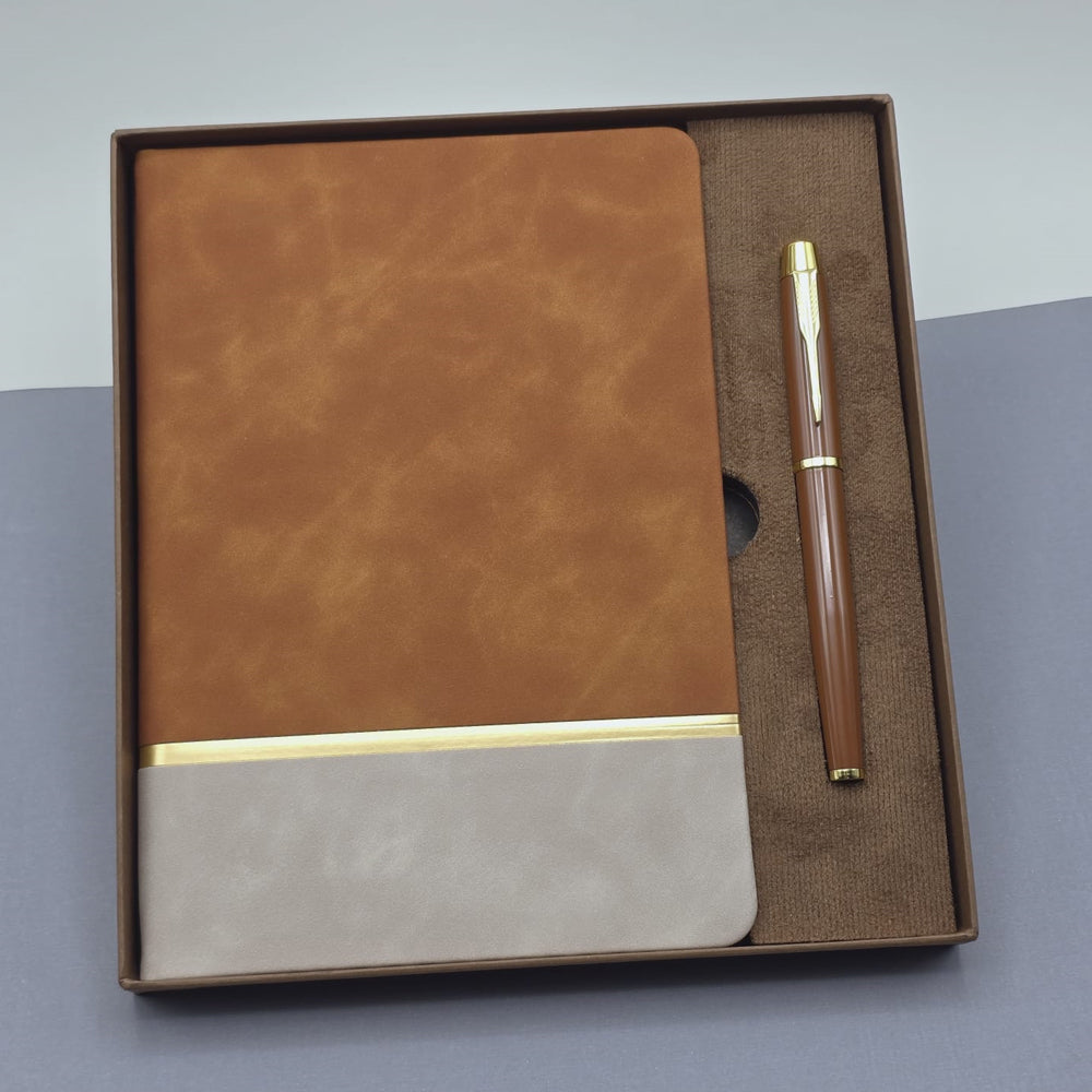 Altın Şeritli Taba Deri Defter - Kahverengi Roller Kalem - Kutulu Özel Hediye Seti