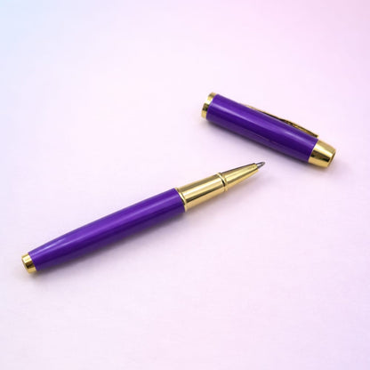Mor Yaprak Desenli Deri Defter - Roller Metal Kalem - Özel Hediye Seti