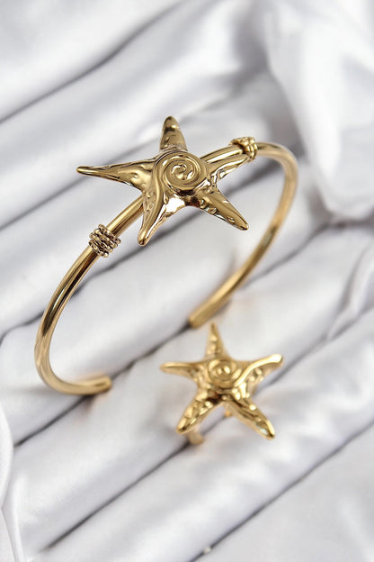 Mey İthalat® Pirinç Deniz Yıldızı Model Gold Renk Bileklik Yüzük Set