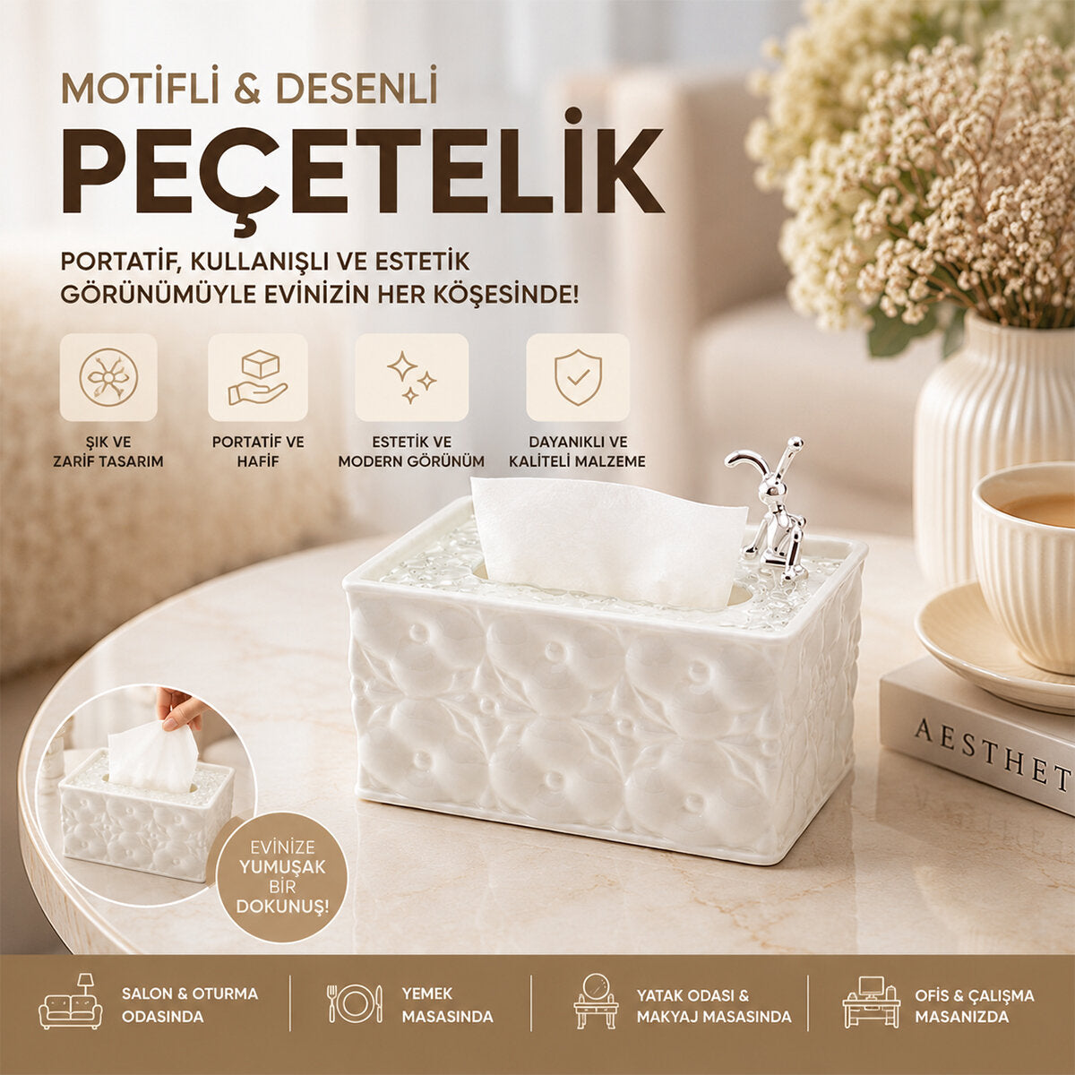18.4X12.5X9CM BEYAZ YAYLI MASAÜSTÜ DEKORATİF DİKDÖRTGEN PEÇETELİK (5347)