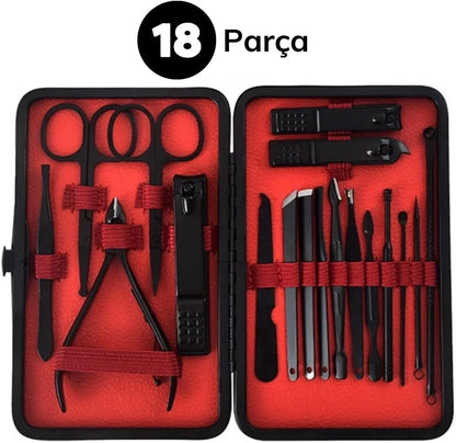 18 Parça Manikür Pedikür Set Kutusu Çelik Deri Çantalı Bakım Seti (5347)
