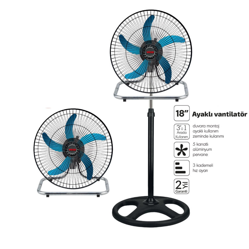 Sanayi Tipi Ayaklı Vantilatör - 5 Metal Kanatlı - 18 İnç 46 cm