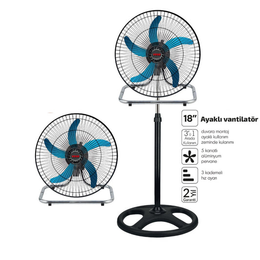 Sanayi Tipi Ayaklı Vantilatör - 5 Metal Kanatlı - 18 İnç 46 cm