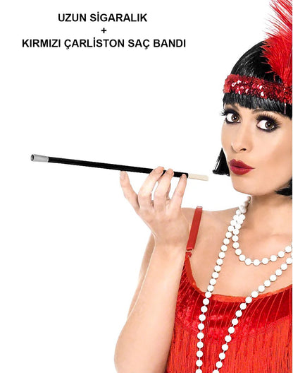 1920'ler 1990'lar Gatsby Kadın Aksesuar Seti - Kırmızı Charleston Saç Bandı ve Sigaralık (5347)