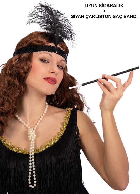 1920'ler Gatsby Aksesuar Seti - Siyah Charleston Saç Bandı &amp; Sigaralık (5347)