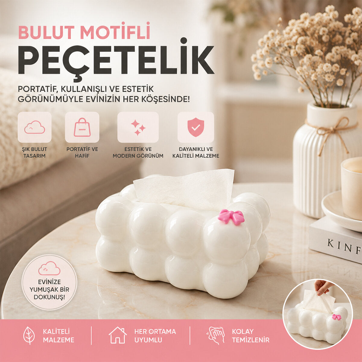 19X12.5X8.5CM BEYAZ YAYLI MASAÜSTÜ BUBBLE DEKORATİF BULUT PEÇETELİK (5347)