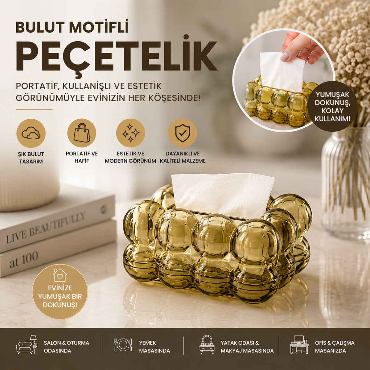 19X13X9CM KAHVERENGİ ŞEFFAF YAYLI MASAÜSTÜ BUBBLE DEKORATİF BULUT PEÇETELİK (5347)