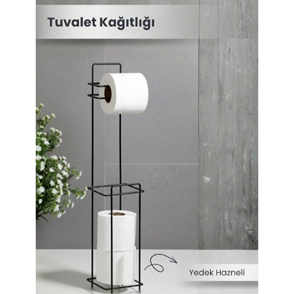 Black Toilet Paper Holder with Spare Roll Storage and Stand